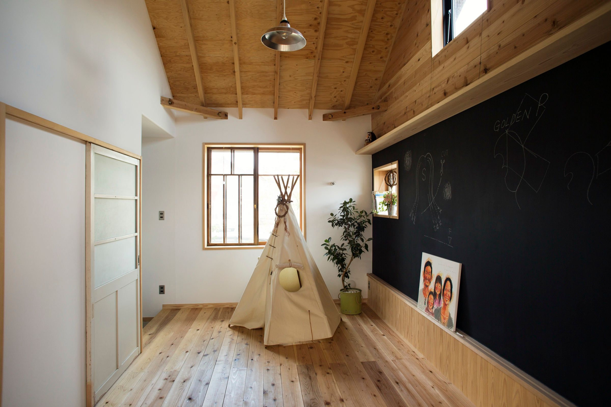 木の床と天井の小部屋。ティピーテントと黒板の壁
